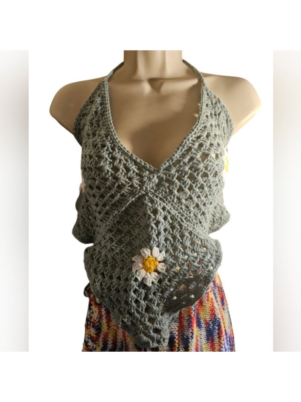 Handmade Crochet Halter Crop-Top Granny Square Daisy Flower Green Grannycore